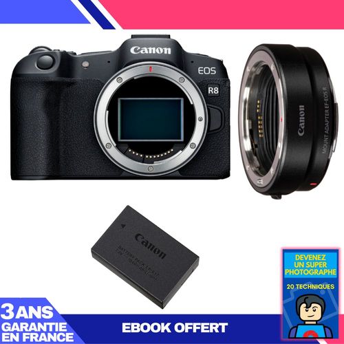 Boitier Canon EOS R8 + EF-EOS R + 1 Canon LP-E17 + Ebook 'Devenez Un Super Photographe'