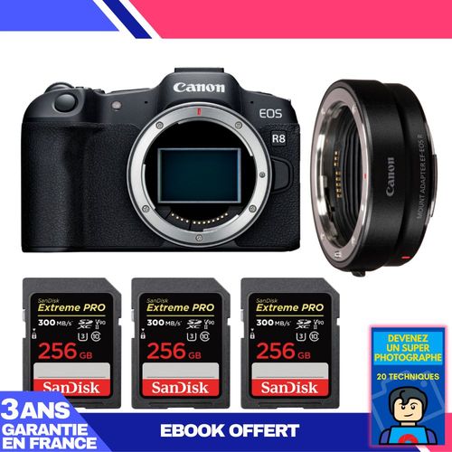 Boitier Canon EOS R8 + EF-EOS R + 3 SanDisk 256GB Extreme PRO UHS-II SDXC 300 MB/s + Ebook 'Devenez Un Super Photographe'