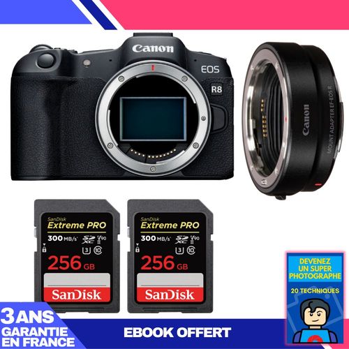 Boitier Canon EOS R8 + EF-EOS R + 2 SanDisk 256GB Extreme PRO UHS-II SDXC 300 MB/s + Ebook 'Devenez Un Super Photographe'