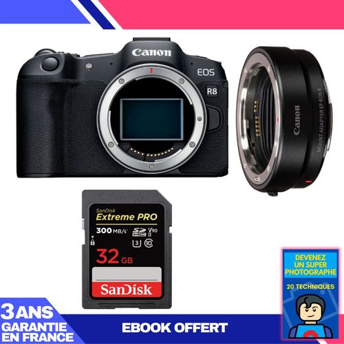 Boitier Canon EOS R8 + EF-EOS R + 1 SanDisk 32GB Extreme PRO UHS-II SDXC 300 MB/s + Ebook 'Devenez Un Super Photographe'