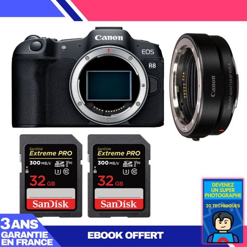 Boitier Canon EOS R8 + EF-EOS R + 2 SanDisk 32GB Extreme PRO UHS-II SDXC 300 MB/s + Ebook 'Devenez Un Super Photographe'