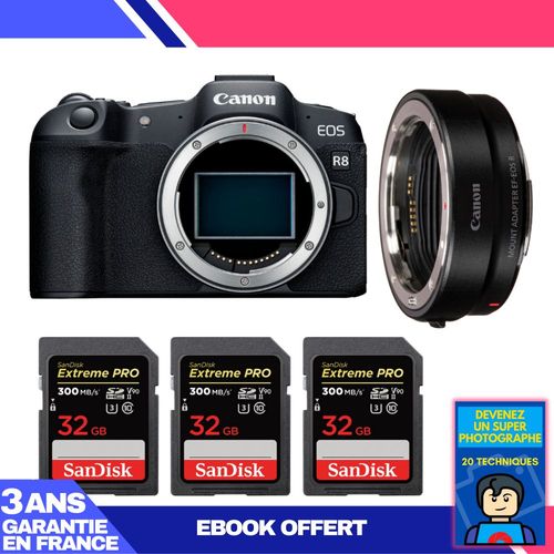 Boitier Canon EOS R8 + EF-EOS R + 3 SanDisk 32GB Extreme PRO UHS-II SDXC 300 MB/s + Ebook 'Devenez Un Super Photographe'