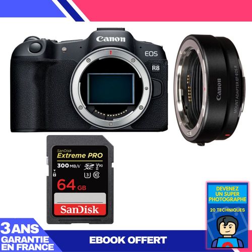 Boitier Canon EOS R8 + EF-EOS R + 1 SanDisk 64GB Extreme PRO UHS-II SDXC 300 MB/s + Ebook 'Devenez Un Super Photographe'