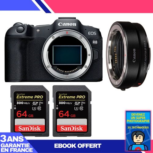 Boitier Canon EOS R8 + EF-EOS R + 2 SanDisk 64GB Extreme PRO UHS-II SDXC 300 MB/s + Ebook 'Devenez Un Super Photographe'
