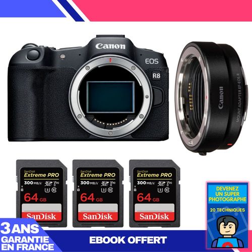 Boitier Canon EOS R8 + EF-EOS R + 3 SanDisk 64GB Extreme PRO UHS-II SDXC 300 MB/s + Ebook 'Devenez Un Super Photographe'