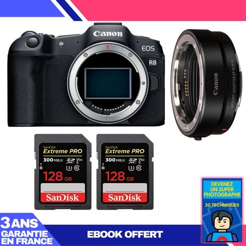 Boitier Canon EOS R8 + EF-EOS R + 2 SanDisk 128GB Extreme PRO UHS-II SDXC 300 MB/s + Ebook 'Devenez Un Super Photographe'