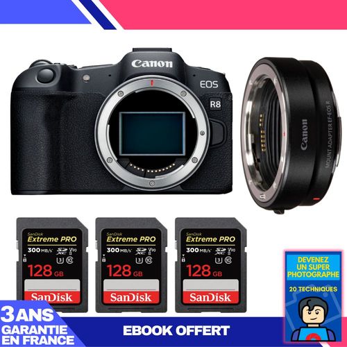 Boitier Canon EOS R8 + EF-EOS R + 3 SanDisk 128GB Extreme PRO UHS-II SDXC 300 MB/s + Ebook 'Devenez Un Super Photographe'