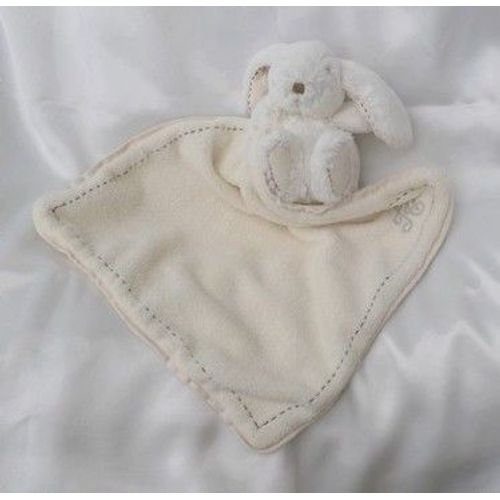Doudou Lapin Blanc Assis Mouchoir Ecru Surpiquage Marron Tartine Et Chocolat