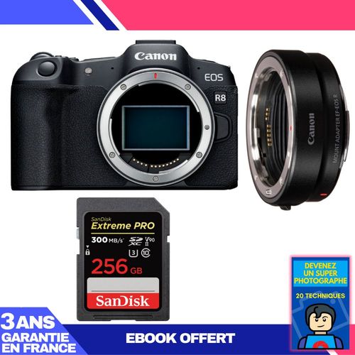 Boitier Canon EOS R8 + EF-EOS R + 1 SanDisk 256GB Extreme PRO UHS-II SDXC 300 MB/s + Ebook 'Devenez Un Super Photographe'