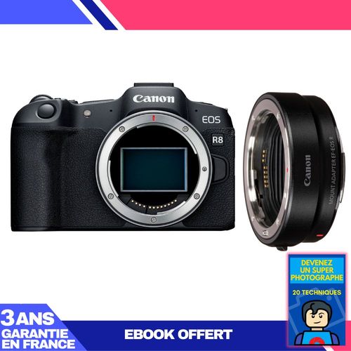 Boitier Canon EOS R8 + EF-EOS R + Ebook 'Devenez Un Super Photographe'