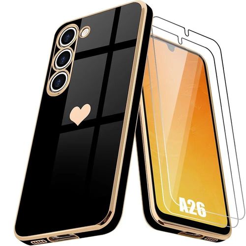 Coque + 2 Verres Trempés Pour Samsung Galaxy A26 5g, Motif C?ur Antichoc Souple Anti-Rayures Noir - E.F.Connection