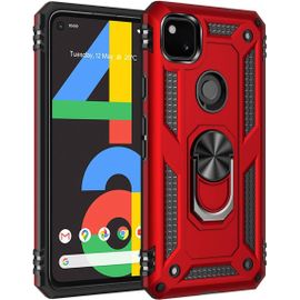 Google Pixel 4a Coque, Double Couche Robuste Avec Anneau Tournante Béquille Antichoc De Qualité Militaire Protection Housse Pour Google Pixel 4a Rouge