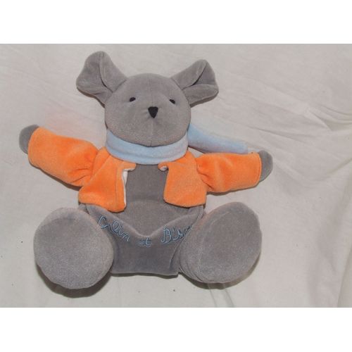Souris Calin Et Bisou Gris Orange Bleu Assise 20 Cm