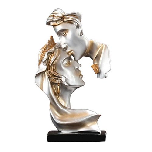 Sculpture Exquise De Baiser De Couples Gris : Figurine En Résine Romantique Pour Une Décoration Intérieure Élégante