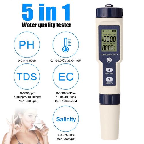 5 en 1 Professionnel Multi-paramètres Combo Test Mètre PH / EC / TDS / Salinité / Thermomètre Testeur multifonction numérique Testeur de qualité de l¿eau