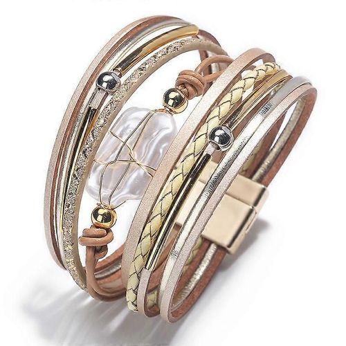 Bracelet Pour Femmes Wrap Multi-Layer Bracelet En Cuir Fermoir Magnétique Manchette Bracelet Bijoux (Kaki)