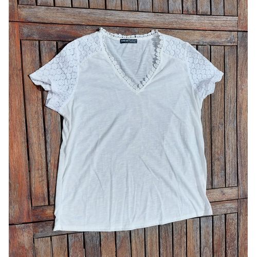 T-Shirt Blanc Col V Avec Dentelle Femme Taille L Marque Shein