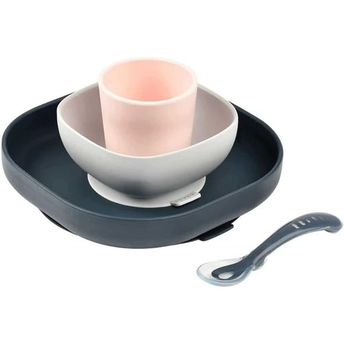 Shiliu-Béaba, Set Vaisselle Silicone Repas Bébé, Avec Ventouse, Anti-Dérapant, 4 Pièces, Assiette + Bol+ Verre + Cuillère, Silicone[