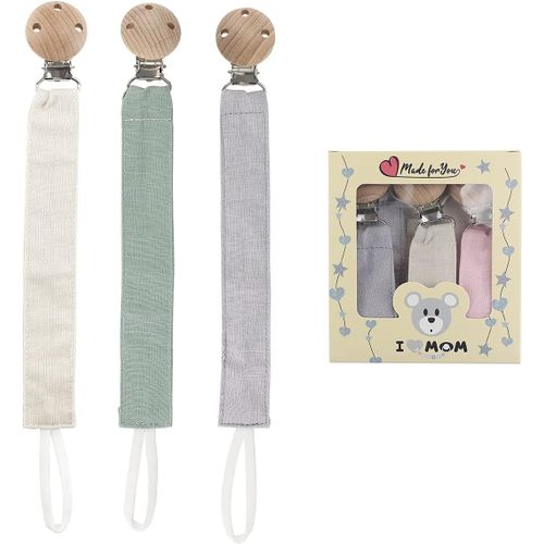 SHILIU-3PCS Attache Tetine Tissu Kit Sucette,Accroche Tetine Bebe,Pour Fille et GarçOn avec Pince à TéTine en Bois de HêTre Naturel[