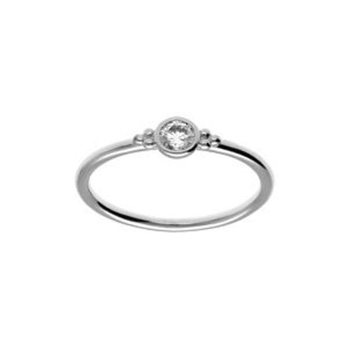 Bague Argent Rhodié Solitaire Rond Oxyde Blanc Serti Clos