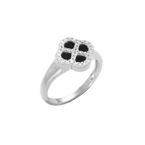 Bague Argent Rhodié Trèfle Agate Noir Véritable Contour Oxydes Blancs