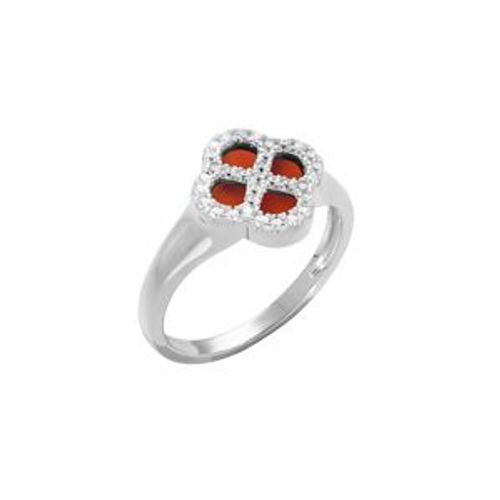 Bague Argent Rhodié Trèfle Agate Rouge Véritable Contour Oxydes Blancs