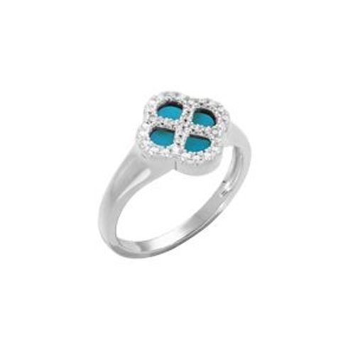Bague Argent Rhodié Trèfle Turquoise Imitation Contour Oxydes Blancs