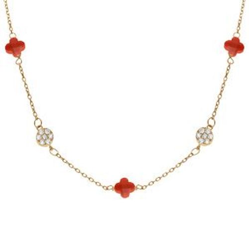 Collier Argent Doré Trèfle En Verre Corail Et Pastille Oxydes Blancs 42+3cm