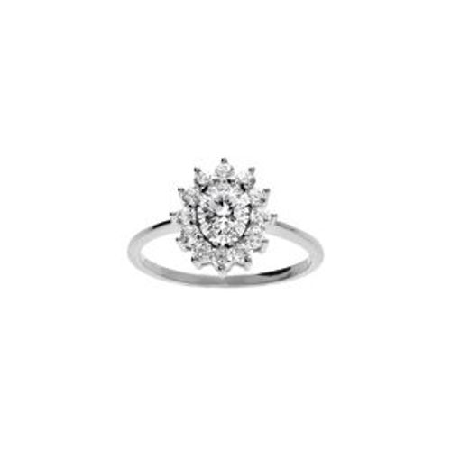 Bague Argent Rhodié Pierre Centrale Blanche (11 Mm X 9 Mm) Contour Pierres Blanches