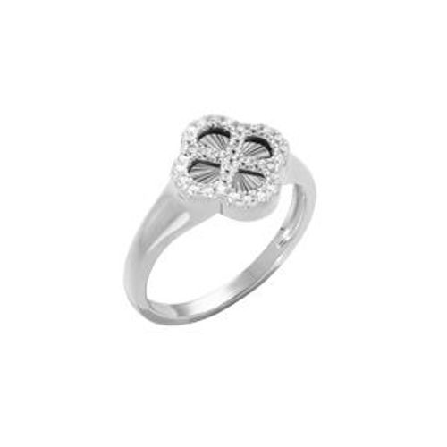 Bague Argent Rhodié Trèfle Sur Fond Diamanté Contour Oxydes Blancs