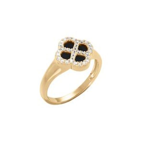 Bague Argent Doré Trèfle Agate Noir Véritable Contour Oxydes Blancs