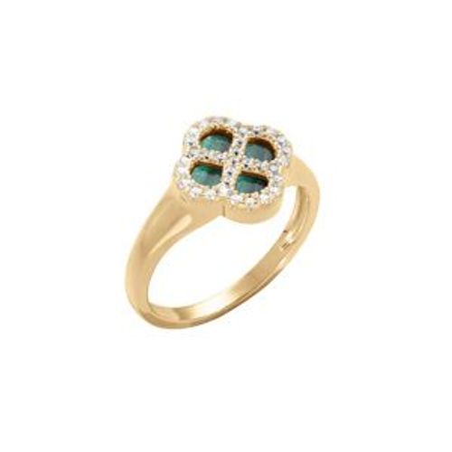 Bague Argent Doré Trèfle Malachite Véritable Contour Oxydes Blancs
