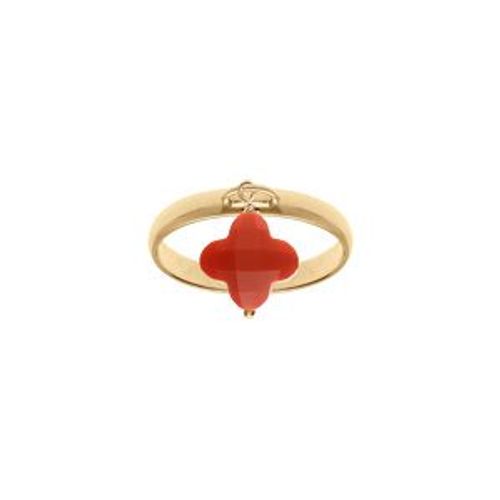 Bague Argent Doré Trèfle En Verre Facetté Rouge