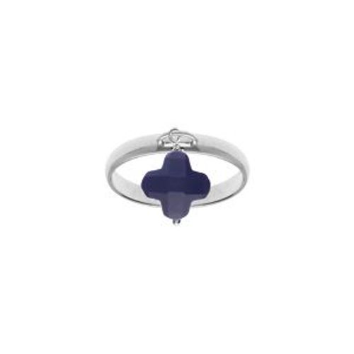 Bague Argent Rhodié Avec Trèfle En Verre Facetté Bleu Marine