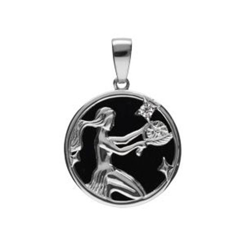 Pendentif Argent Rhodié Médaille 15mm Onyx Noir Imitation Zodiaque Vierge Et 1 Oxyde Blanc
