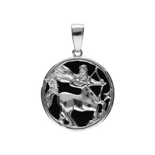 Pendentif Argent Rhodié Médaille 15mm Onyx Noir Imitation Zodiaque Sagittaire Et 1 Oxyde Blanc