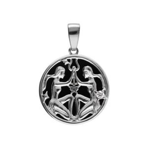 Pendentif Argent Rhodié Médaille 15mm Onyx Noir Imitation Zodiaque Gemeaux Et 1 Oxyde Blanc