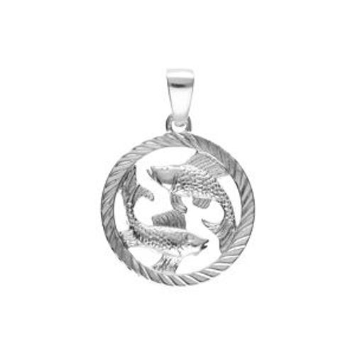 Pendentif Argent Rhodié Médaille 15mm Striee Zodiaque Poissons Decoupé