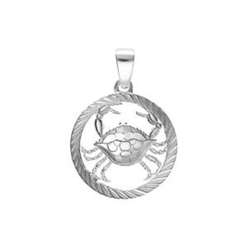 Pendentif Argent Rhodié Médaille 15mm Striee Zodiaque Cancer Decoupé
