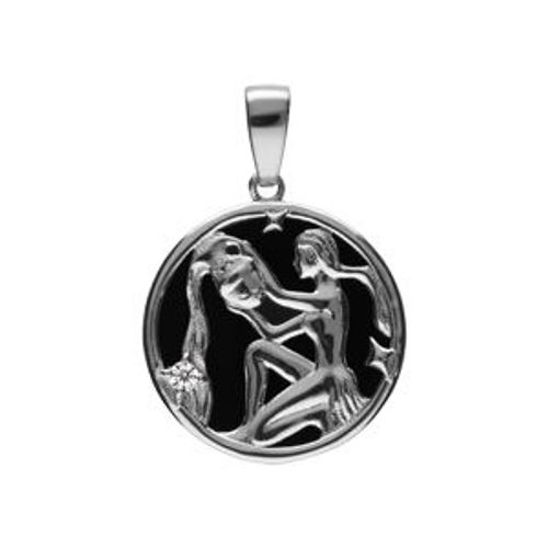 Pendentif Argent Rhodié Médaille 15mm Onyx Noir Imitation Zodiaque Verseau Et 1 Oxyde Blanc