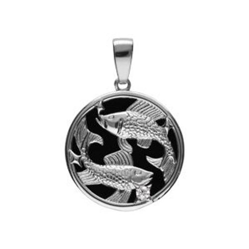 Pendentif Argent Rhodié Médaille 15mm Onyx Noir Imitation Zodiaque Poissons Et 1 Oxyde Blanc