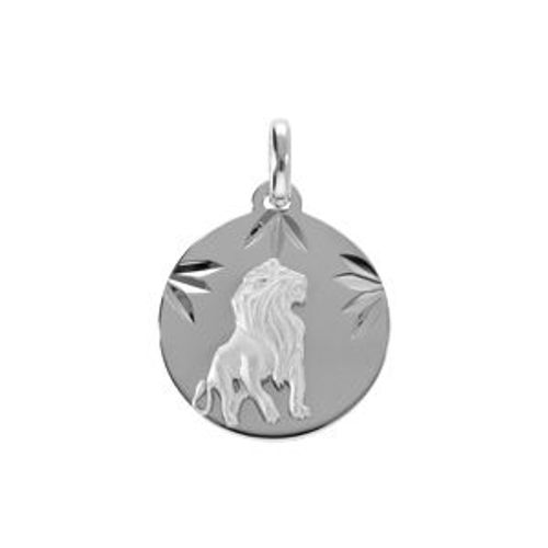 Pendentif Argent Rhodié Médaille 15mm Diamanté Zodiaque Lion