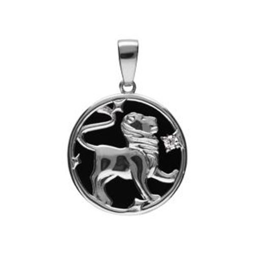 Pendentif Argent Rhodié Médaille 15mm Onyx Noir Imitation Zodiaque Lion Et 1 Oxyde Blanc