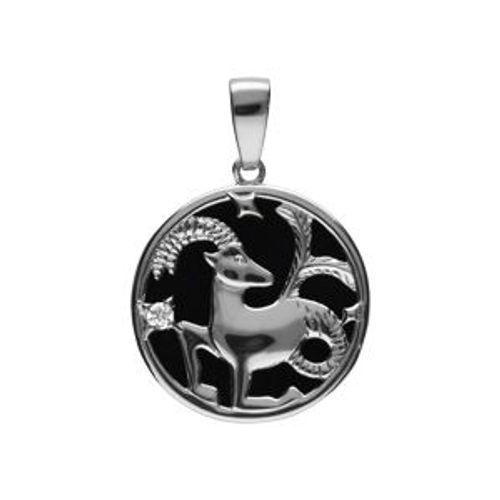 Pendentif Argent Rhodié Médaille 15mm Onyx Noir Imitation Zodiaque Capricorne Et 1 Oxyde Blanc