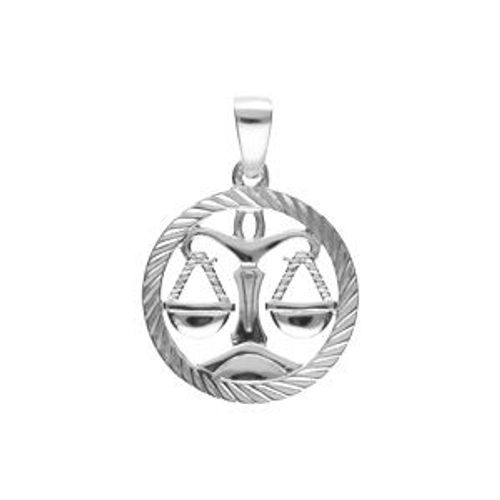 Pendentif Argent Rhodié Médaille 15mm Striee Zodiaque Balance Decoupé