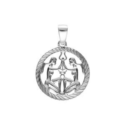 Pendentif Argent Rhodié Médaille 15mm Striee Zodiaque Gemeaux Decoupé