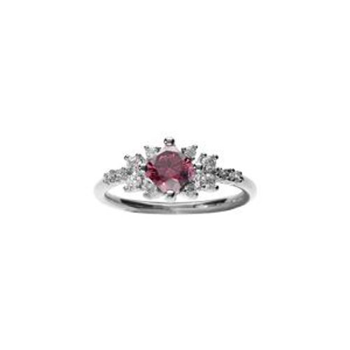 Bague Argent Rhodié Oxyde Serti Forme Carré Rose Et Entourage Blancs