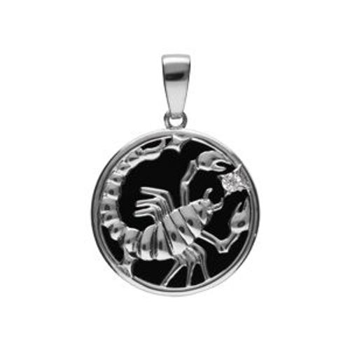 Pendentif Argent Rhodié Médaille 15mm Onyx Noir Imitation Zodiaque Scorpion Et 1 Oxyde Blanc