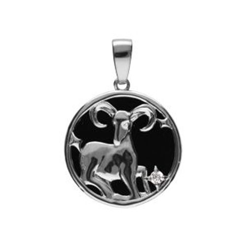 Pendentif Argent Rhodié Médaille 15mm Onyx Noir Imitation Zodiaque Bélier Et 1 Oxyde Blanc