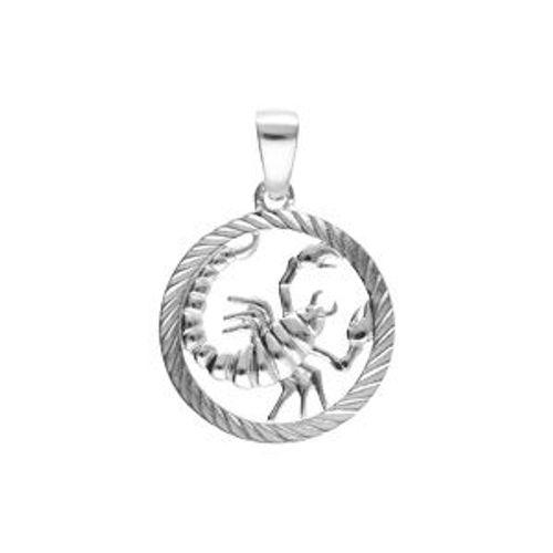 Pendentif Argent Rhodié Médaille 15mm Striee Zodiaque Scorpion Decoupé